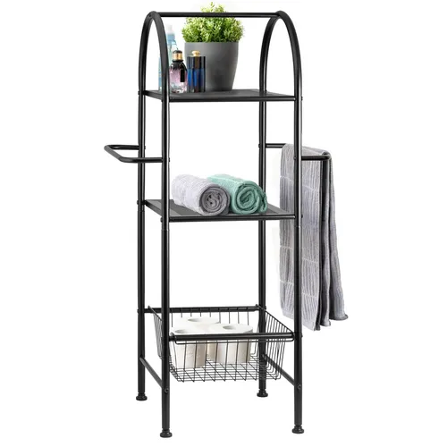 bremermann Bad-Standregal aus Metall, 2in1, 3 Etagen - Standregal mit integriertem Handtuchhalter, platzsparend und ideal für kleine Bäder. Modernes Design in Schwarz, inklusive höhenverstellbarer Füße für Stabilität.