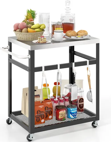 COSTWAY 2-stöckiger Grillwagen mit Rädern, Griff und 4 Haken, Mehrzweckwagen, Arbeitstisch Edelstahl