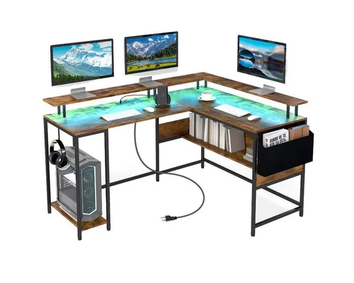 COSTWAY L-förmiger Eckschreibtisch mit LED und Steckdosen - Schreibtisch mit individueller Lichtshow, integrierter Ladestation und viel Stauraum für Gaming-Zubehör. Ergonomischer Monitorständer sorgt für eine bessere Haltung während langer Sessions.