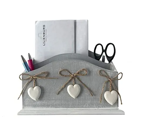 LB H&F Briefablage Papierablage Schreibtisch-Organizer Utensilo Stifteablage Holz Herz Grau/Weiß 24cm Aufbewahrungsbox Briefe Stifte (Grau)