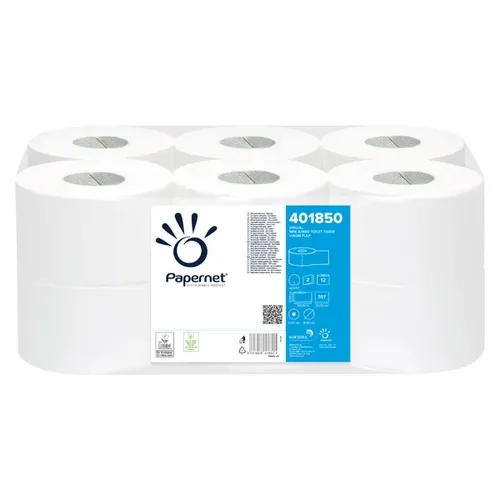 Papernet Toilettenpapier Großrolle Werra Tissue Mini 2-lagig, 12 Rollen - Toilettenpapier Maxirolle, 170 m pro Rolle, 590 Blatt für langanhaltende Nutzung, ideal für hohe Frequentierung in öffentlichen oder gewerblichen Toiletten.