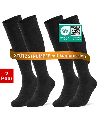 sockenkauf24 Stützkniestrümpfe Kompressionsstrümpfe Reisestrümpfe Stützstrümpfe mit Kompression (Schwarz, 2-Paar, 35-38) aus Baumwolle für Damen & Herren mit Komfortbund
