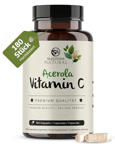 Surpresa Natural Vitamin C Kapseln I 1 x 180 Stück I 162,5 mg natürliches Vitamin C aus Acerola I Vorrat für 6 Monate I VitaminC-Supplement mit 10 mg Quercetin I hochdosiert, vegan & natürlich