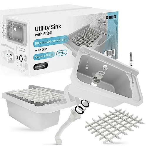 Universal-Ausgussbecken Weiß 55 x 34 x 21 cm Waschbecken mit Ablage Spülbecken mit einem Gitter 36 x 30 cm Waschtrog für Garage Außen Innen Untergeschoss Werkstatt und Waschküche