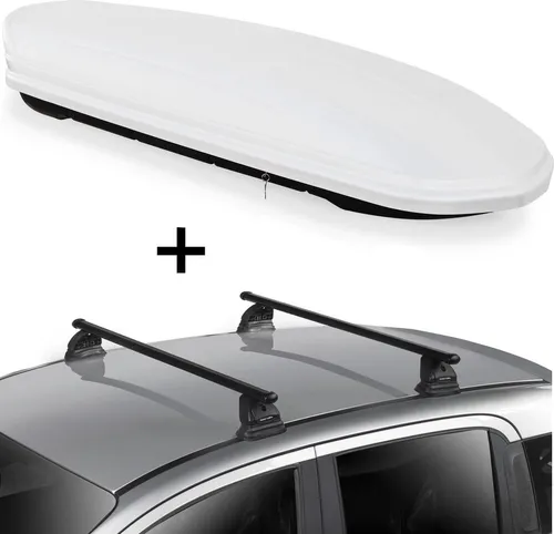 Dachbox VDPMAA460 460 Liter weiß abschließbar + Dachträger VDP EVO Stahl kompatibel mit für Mazda 2 (DE) 3-5 Türer 2007-2015