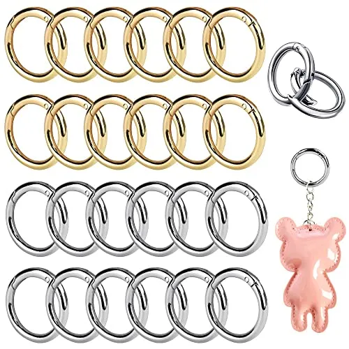 BUENTYA 24 Stück Karabiner Rund Ringkarabiner klein Karabinerhaken Rund Karabinerring mit Federöffnung Rundkarabiner Zinklegierung O Ring Silber Gold Rundring Federkarabiner Binderinge für Taschen