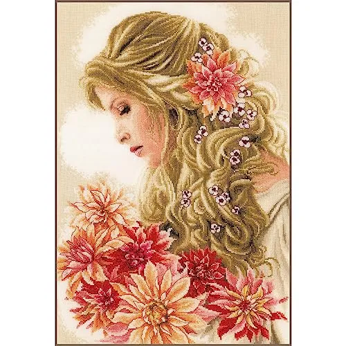 Lanarte Kreuzstich Set DAME MIT DEN DAHLIEN – Kreative Wanddekoration - Vollständiges Stickset für kreative Köpfe! Mit hochwertigem Material und einfacher Anleitung für ein beeindruckendes DIY-Projekt. Perfekt für Anfänger und Profis, um einzigartige Wandkunst zu schaffen.