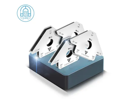 STAHLWERK Magnet-Schweißwinkel Set - 4 Stück mit 45°, 90° und 135° - Anschlagwinkel Set mit 4 starken Magneten, ideal zum präzisen Schweißen und Justieren. Mit einer Haftkraft von 22,6 kg sind sie das perfekte Hilfsmittel für Schlosser und Schweißer.