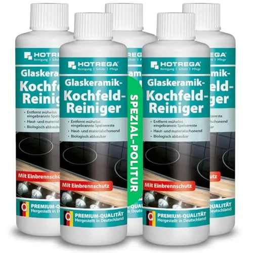 HOTREGA Glaskeramik Kochfeld Reiniger 250ml Set - Menge:5 - Reinigungsmittel für Glaskeramik-Kochfelder, entfernt mühelos eingebrannte Reste und schützt vor Kratzern. Bildet eine schmutzabweisende Schutzschicht für langanhaltenden Glanz.