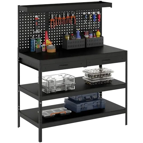 HOMCOM Werkbank 122 x 61 x 156 cm Arbeitstisch mit Lochwand, 2 Schubladen und 2 verstellbaren Regalen, 272kg Tragkraft, Werktisch für Garage, Werkstatt