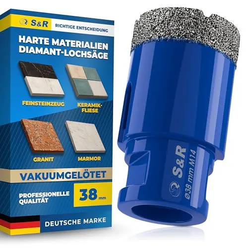 S&R Professional Diamant Fliesenbohrer 38 mm, Lochsäge für Fliesen M14 Gewinde, Diamant Bohrer Fliesen, Vakuum Gelötete Bohrkrone Winkelschleifer für Keramik, Feinsteinzeug, Granit, Marmor, Porzellan