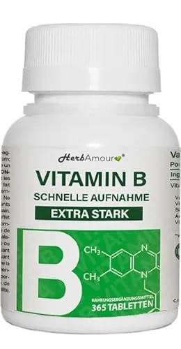 VITAMIN B EXTRA STARK | 365 Tabletten (12-Monats-Vorrat) | Vitamin-B-Komplex mit Vitamin B1, B2, B3, B5, B6, B12, Biotin, Folsäure | Gluten- und laktosefrei