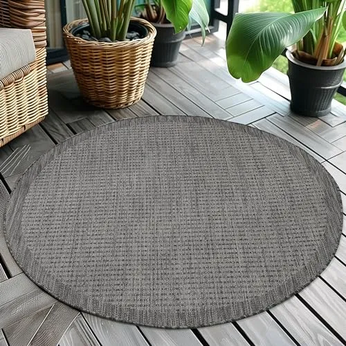 Teppium Modern Outdoor Teppich Wetterfest 120 cm Rund Schwarz- Flachgewebe Sisaloptik Balkon Teppich Wasserfest - Waschbarer Teppich für Garten, Terrasse, Camping und Küche