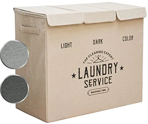 DuneDesign Wäschekorb 3 Fächer - Beige - Wäschekorb mit 84L und 3 Fächern für die einfache Sortierung von Wäsche. Ideal für Badezimmer oder Schlafzimmer, platzsparend und faltbar mit robustem Design.