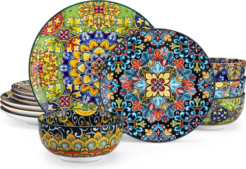 Tafelservice 4 Personen, 12-tlg. Porzellan Geschirr-Set, Böhmischer Stil - Vielseitiges 12-teiliges Geschirrset für 4 Personen, inklusive Speiseteller, Dessertteller und Schalen. Hergestellt aus hitzebeständigem Porzellan mit handbemaltem Design. Ideal für jeden Anlass und spülmaschinenfest.