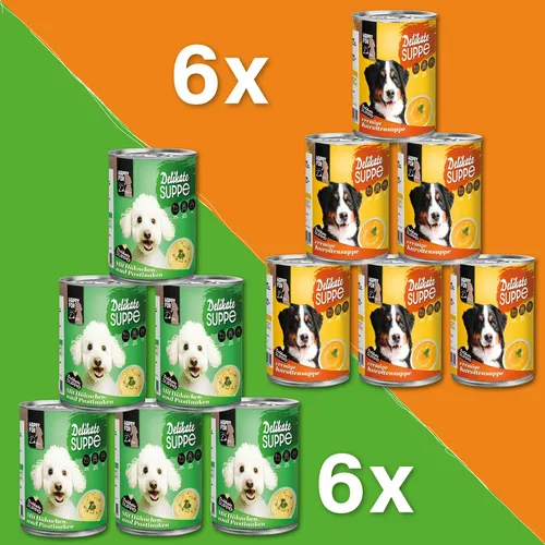 HAPPY FOR Dogs Probierpaket 6 x Suppe mit Huhn und Reis 6 x Karottensuppe je 400
