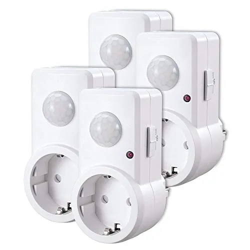 conecto Infrarot Bewegungsmelder für Steckdose innen Zwischenstecker LED 120° IP20 Dämmerungssensor (4er Set), weiß
