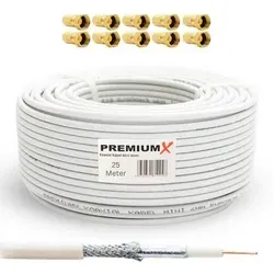PremiumX 25m Mini-Koaxialkabel 4mm (Weiß) Set inkl. 10 Stecker – Extra dünn & flexibel – 2-fach geschirmt für Sat, DVB-T2, Kabel-TV – Ultra H