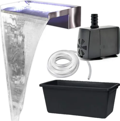Köhko Wasserfall-Set Akaka 24303 - Edelstahl Komplett-Set mit Pumpe und Becken - Wasserfall- & Bachlaufset aus hochwertigem Edelstahl, komplett mit Pumpe und 65 Liter PE-Becken. Ideal für Mauerwände, einfache Installation und ein beeindruckendes Wasserspiel für jeden Garten.
