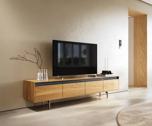 DELIFE Designer-Lowboard Stonegrace 200 cm Eiche Natur mit Edelstahlfüßen - Stylisches Lowboard aus hochwertigem Eichenholz mit eleganten Edelstahlfüßen. Mit 4 Schubladen bietet es viel Stauraum und verleiht deinem Wohnzimmer eine moderne, natürliche Note.