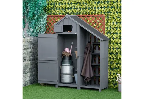 Outsunny Gartenschrank Holz Geräteschuppen mit Schrägdach - Gartenhäuser aus massivem Holz, wetterfest und mit zusätzlichem seitlichem Lagerfach für Brennholz, ideal für Ordnung im Garten.