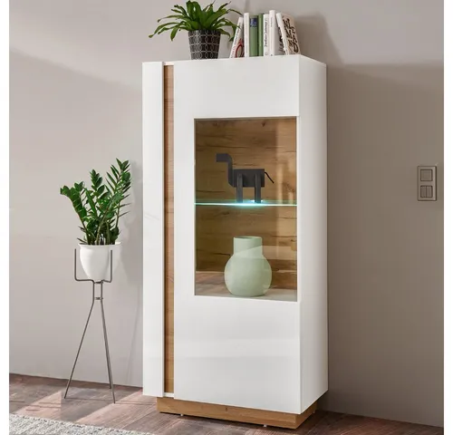 Lomadox Vitrine CELLE-61 in Weiß Glanz - Vitrinenschrank in modernem Design mit LED-Beleuchtung und Soft-Close-Türen, ideal für stilvolle Wohnzimmergestaltung. Maße: 72/154/40 cm.