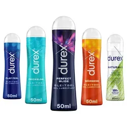durex Gleitgel Play Naturals & Perfect Glide & Wärmend & Prickelnd & Play Feel, Ausprobierpaket, für verschiedenste Erlebnisse (5 x 50ml)