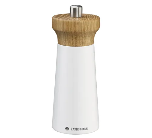 Zassenhaus Salzmühle WESTERLAND aus Holz - Küchenhelfer mit stufenlos verstellbarem Hochleistungs-Keramikmahlwerk für präzises Mahlen von Salz und Gewürzen, 14 cm hoch und in elegantem Weiß.