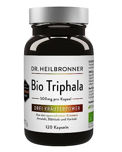 Dr. Heilbronner Bio Triphala - drei Kräuterpower I ayurvedische Kräuter-Mischung mit Amalaki Amla - Bibhitaki - Haritaki I Naturprodukte frei von Gluten I 120 Kapseln vegan in der Glasflasche