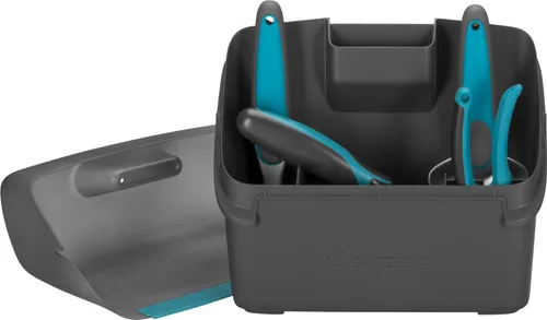 GARDENA city gardening Balkon Box - Praktisches Gartenwerkzeug-Set für Balkon- und Terrassengärtner, inklusive Blumenschere, Kelle und Aufbewahrungsbox mit zusätzlicher Kehrschaufelfunktion.