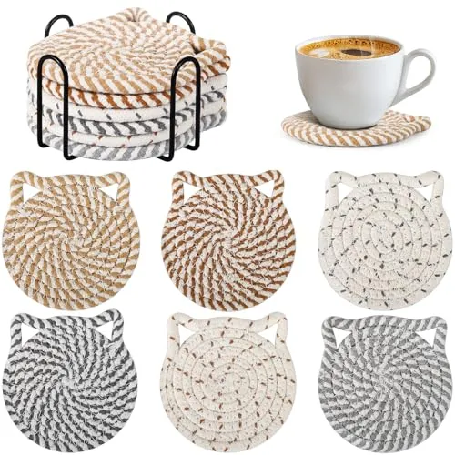 Gucass Untersetzer Gläser 6er Set, Runde Glasuntersetzer mit Halter, Boho Untersetzer aus Baumwolle, rutschfest & Saugfähig, Tassenuntersetzer für Küche, Bar und Büro, ideal für Wohnzimmerdeko