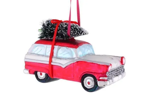 Giftcompany Christbaumschmuck: Christbaum-Hänger Auto mit Weihnachtsbaum - Dekohänger aus Glas mit Glitter, witziger Blickfang für Ihre Weihnachtsdekoration. Perfekt zum Hängen an Zweigen, Fenstern oder Regalen, Maße: 13,5 x 9,5 x 7 cm.