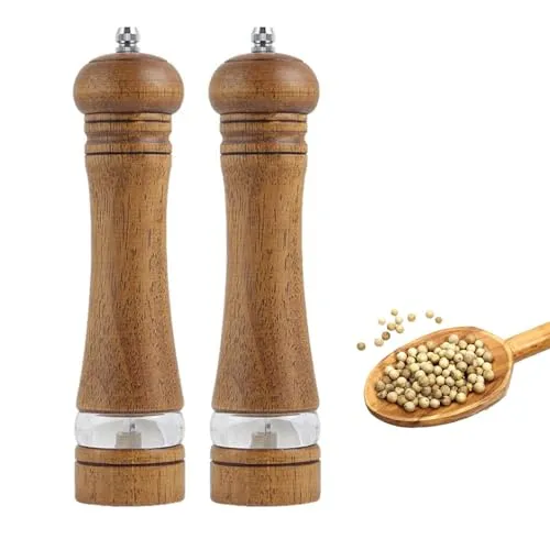 NEXROLA Salz und Pfeffermühle 2-teilig aus Holz, Pfeffer und Salzmühle Manuell mit Verstellbarem Keramikmahlwerk und Acrylfenster, Salt and Pepper Grinder Groß für Pfeffer, Meersalz und Gewürzmühle