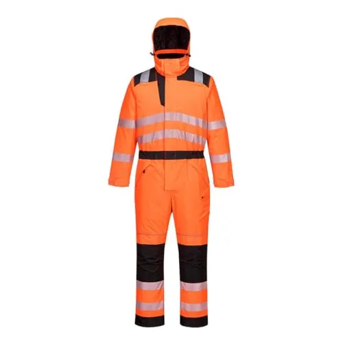 Portwest PW3 Warnschutz-Winter-Overall – Orange/Schwarz, Größe M - Wasserdichter Overall mit versiegelten Nähten für optimalen Schutz. Das Insulatex-Innenfutter sorgt für Wärme und Komfort, während das Hi-VisTex-Pro-Reflektorband die Sichtbarkeit erhöht. Ideal für den professionellen Einsatz im Freien.