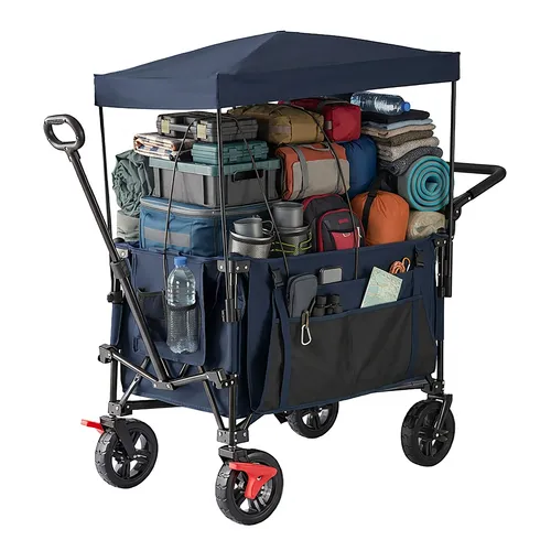 Relaxdays Faltbarer Bollerwagen mit Dach, 150 kg Traglast, Teleskopgriff, Blau - Der faltbare Bollerwagen bietet viel Stauraum für Einkäufe und Ausflüge. Mit robusten Gummireifen und einem abnehmbaren Dach ist er ideal für den Einsatz im Freien. Praktisch und platzsparend faltbar, perfekt für jedes Abenteuer.
