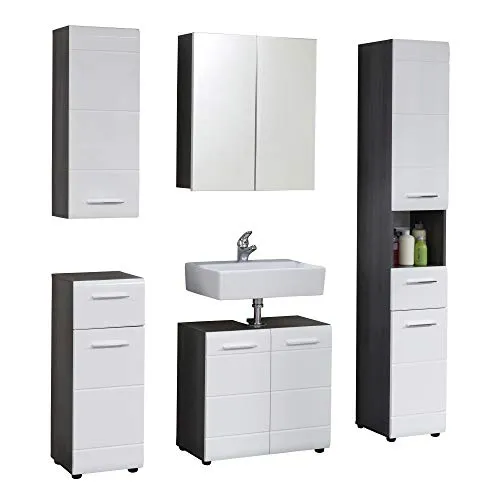 trendteam smart living - Line Badmöbel-Set - Komplettprogramm für Badezimmer, moderne und pflegeleichte Kombination aus Waschbeckenunterschrank, Hochschrank, Badkommode, Hängeschrank und Spiegelschrank in Weiß Hochglanz und Rauchsilber.
