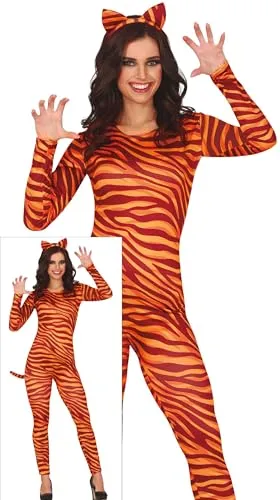 FIESTAS GUIRCA Sexy Tiger Karnevalskostüm Damen – Gestreiftes Catsuit & Tiger Haarreif – Wilde Katze Faschingskostüm Erwachsene Damen Größe S