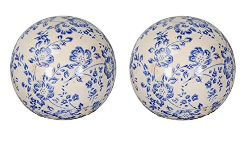 Posiwio dekorative Deko-Kugel Keramik-Kugel Motiv Blaue Blütenranke in cremeweiß-blau Preis für 2 Stück