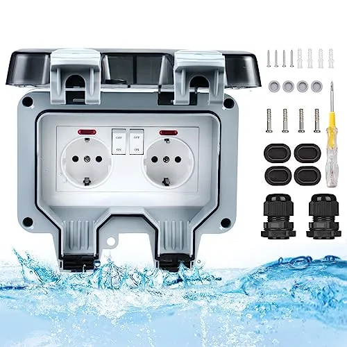 SPORWAY Außensteckdose Wasserdicht, Aussensteckdose IP66 Wetterfest Outdoor Steckdose, Gartensteckdose Aufputz Schutzkontakt, Wandsteckdose mit Klappdeckel für Feuchtraum Garten Aussenbereich (03)