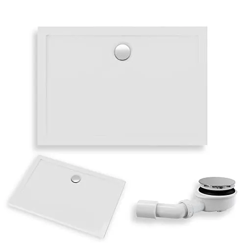 KOLMAN Duschwanne 100x70 cm Rechteck, Weiß, Acryl, Flach, Glatt, Ablaufgarnitur Ø 90 mm, Design-Duschtasse Rechteckig Lider