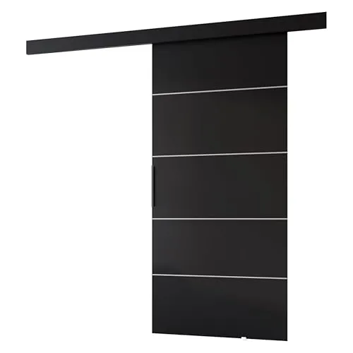 MINIO go for it - Schiebetüren, Schiebetür Zimmertür PRIM B, Schiebetürsystem für Zimmer, Dekorative Streifen, Wandmontage, Türe Innen - Silber/Schwarzer Griff (Schwarz, 106 x 205 x 1,6 cm)