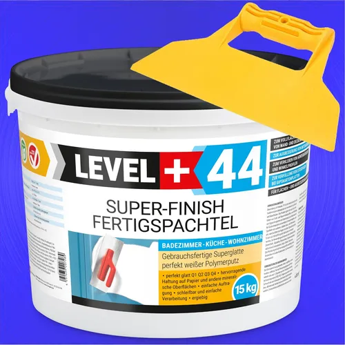 Super Finish Spachtelmasse Fertig 15kg Glätt Q4 Set - Fugenmörtel & Putz, gebrauchsfertig und schleifbar, ideal für eine glatte Oberflächenbearbeitung auf Beton und Trockenbauwänden.