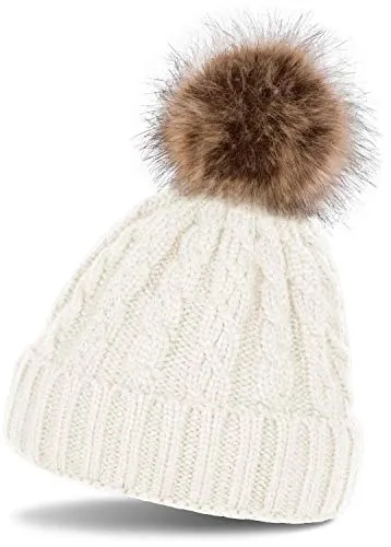 styleBREAKER Zopfmuster Bommelmütze, Strickmütze mit Fellbommel, Winter Beanie Mütze, Unisex 04024064, Farbe:Weiß (Creme-Weiß)