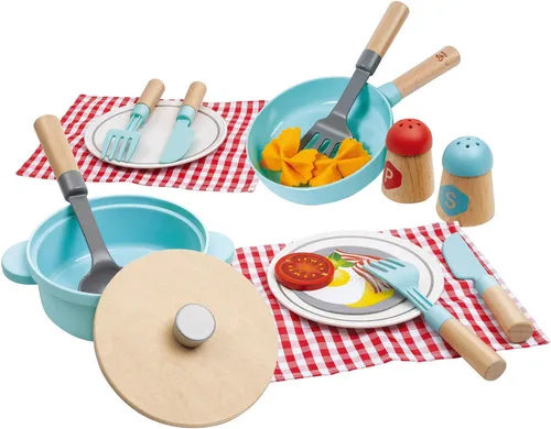 Hape Kinderküchen-Zubehör Koch- und Servierset 21-teilig - Spiel-Kochgeschirr aus Holz, fördert kreatives Rollenspiel mit abnehmbarem Deckel und rasselnden Salz- & Pfefferstreuern, ideal für kleine Küchenchefs ab 2 Jahren.