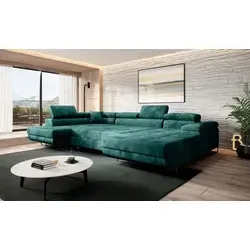 Easy4You Flaschengrün Ecksofa Varberg Velours in U-Form 345 x 72 x 205 cm mit Schlaffunktion und Bettzeugbehälter