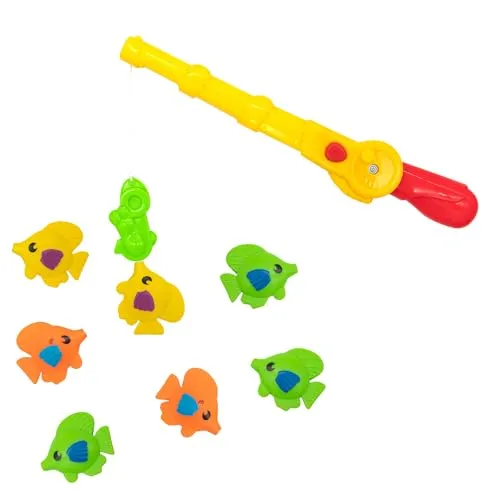 Idena 40616 - Magnetisches Angelspiel, 8-teiliges Badespielzeug mit 7 bunten Gummifischen und einer Magnetangel, Wasserspielzeug für Kinder ab 3 Jahren