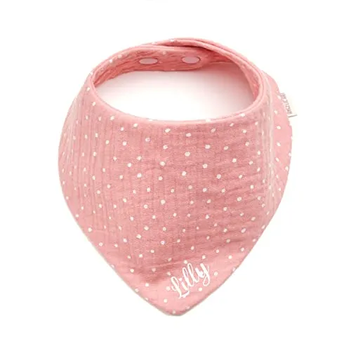 AngelicArt Personalisiertes Dreieckshalstuch aus Baumwolle, Halstuch für Jungen, Mädchen, Unisex, mit Druckknopfverschluss, in verschiedenen Farben mit Wunschnamen-Musselin gepunktet (Rosa)