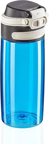 Leifheit Tritanflasche Flip 550ml, 100% dichte Sportflasche, Öffnen mit einer Hand, leichte und bruchsichere Trinkflasche mit Filter für Fruchteinsatz, nachhaltige Wasserflasche, BPA frei, blau, Wasserblau, 17.5 x 17.5 x 24.5 cm