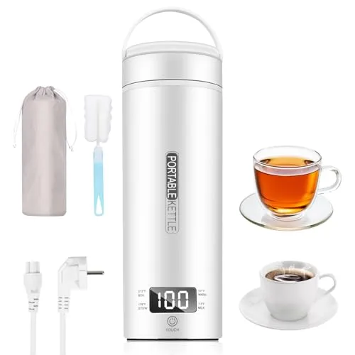 Tragbarer Elektrischer ReiseWasserkocher, 450ML Wasserkocher Reise Tee Kaffee Warmwasserkocher, Automatische Abschaltung & Kochen trocken Schutz mit 316 Edelstahl, 4 Temperaturregler (Weiß)