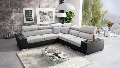 IM SOFA Ecksofa L-Form mit Schlaffunktion PERS III – Stilvolle Wohnzimmer Couch in Hellgrau und Schwarz